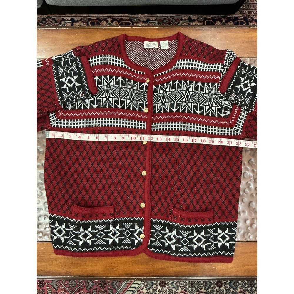 Vintage Fair Isle Cardigan Sweater, Large, Burgundy, Snowflakes - Picture 8 of 9